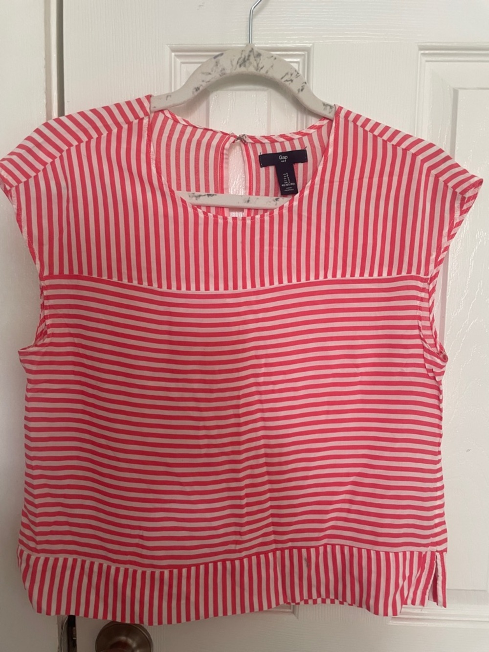 GAP Coral Pink and White Striped Cap-Sleeve Blouse